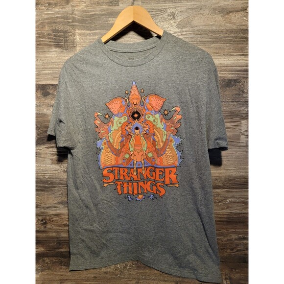 Stranger Things Men T-Shirt L Gray Logo Graphic Raul Urias Tee EUC - Picture 1 of 4